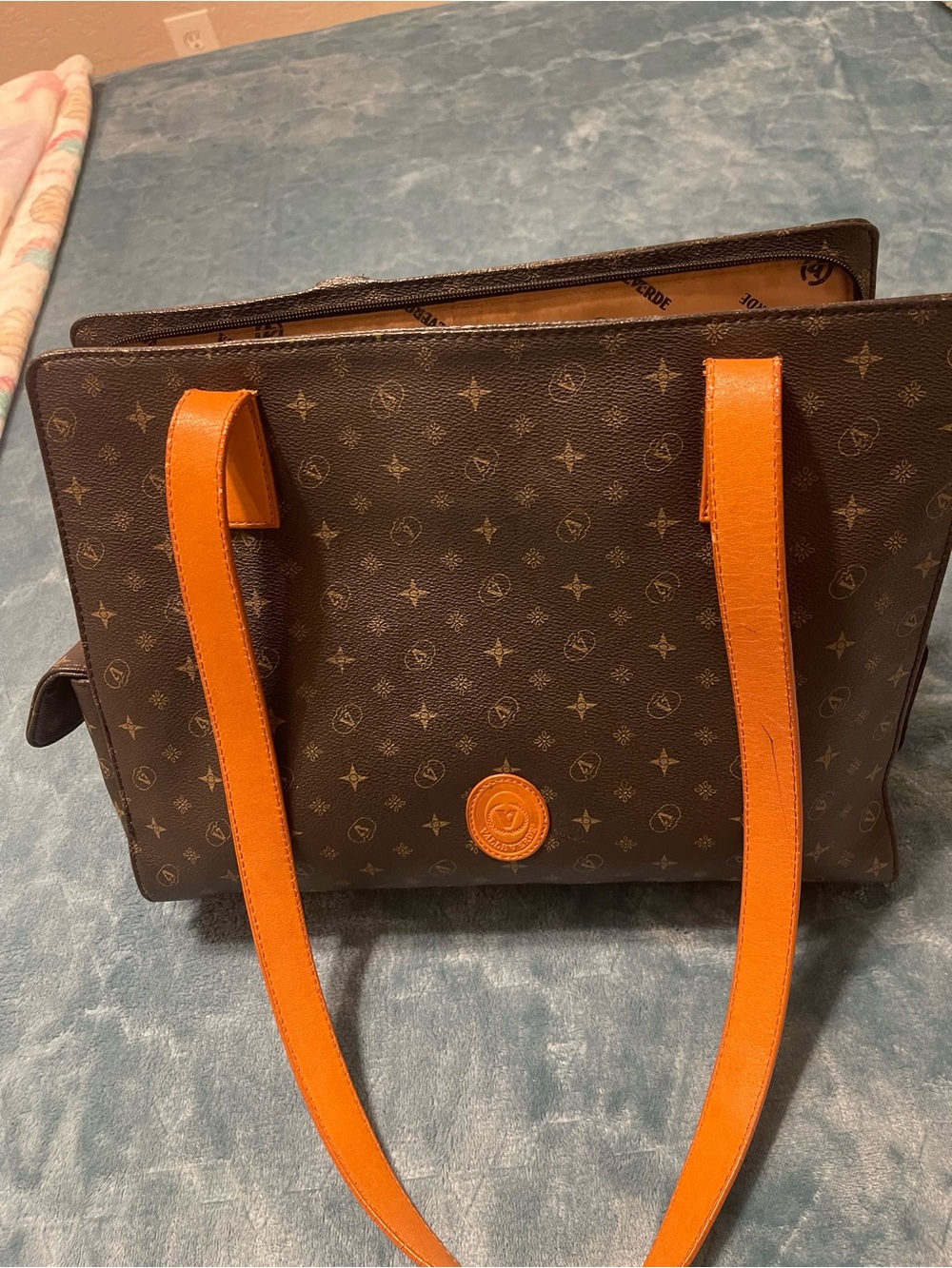 Brown Monogram Tote with Orange Straps - Designer-Inspired Women’s Bag